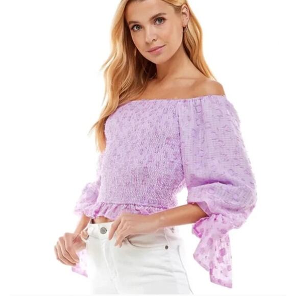 TCEC Purple Small Gingham Cropped Smocked Off The Shoulder Top Blouse 3/4 Sleeve - Picture 11 of 11